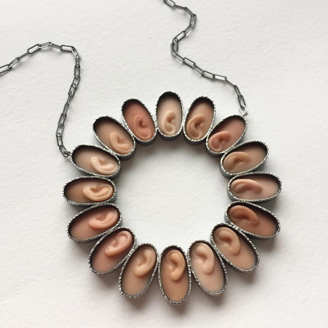 Jewelry made from chopped up Barbie parts.