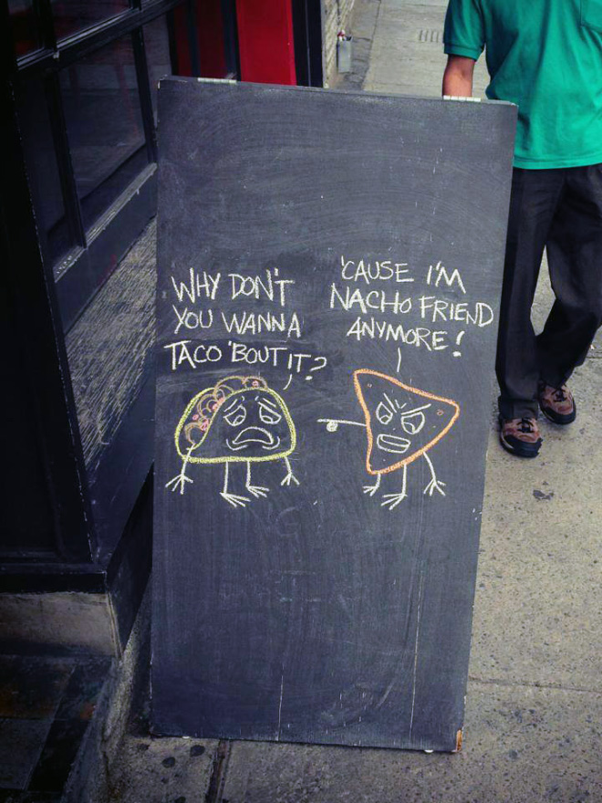 Funny restaurant sidewalk sign.