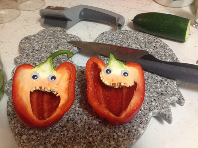 Googly eyes make cutting bell peppers much more fun!