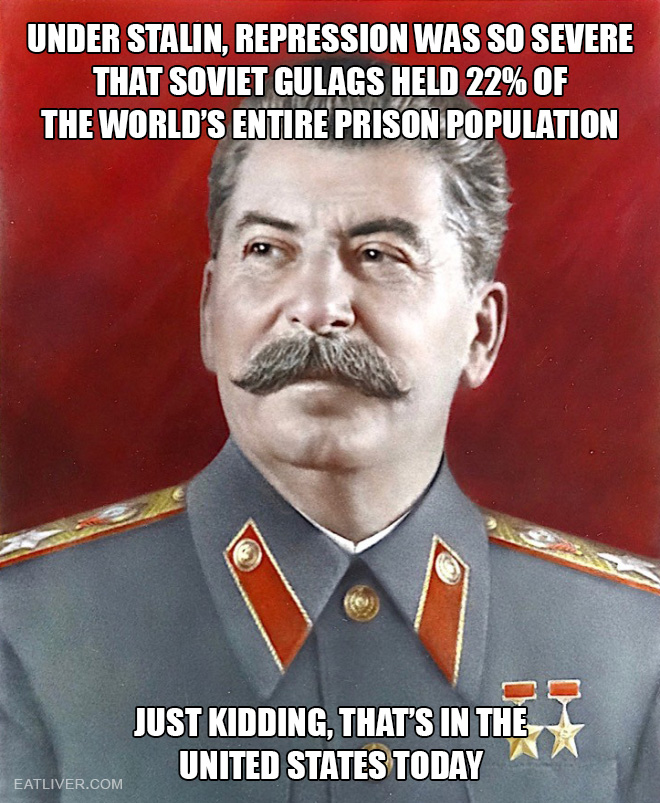 Under Stalin, repression was so severe that Soviet Gulags held 22% of the world's entire prison population. Just kidding, that's in the United States today.