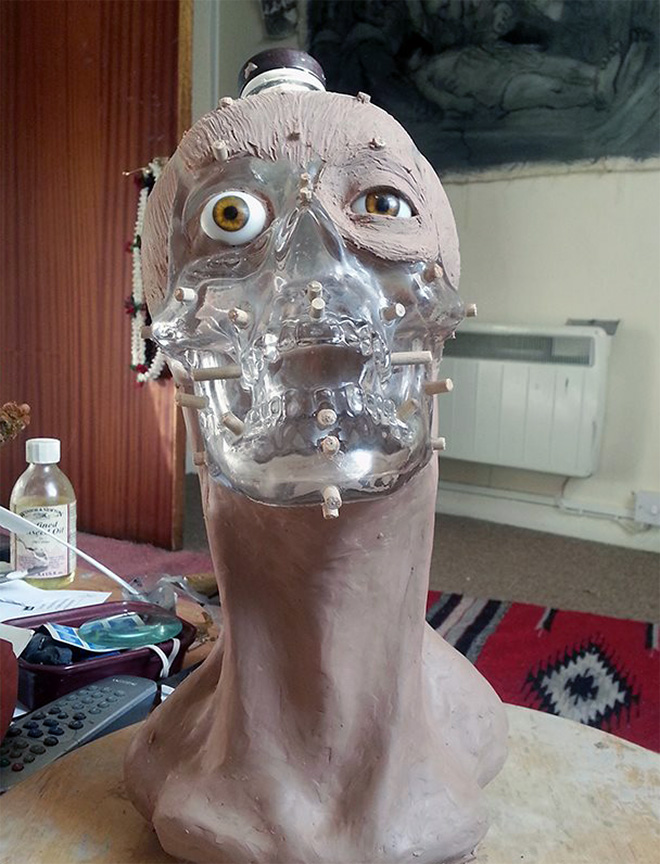 Facial reconstruction of a skull-shaped vodka bottle.