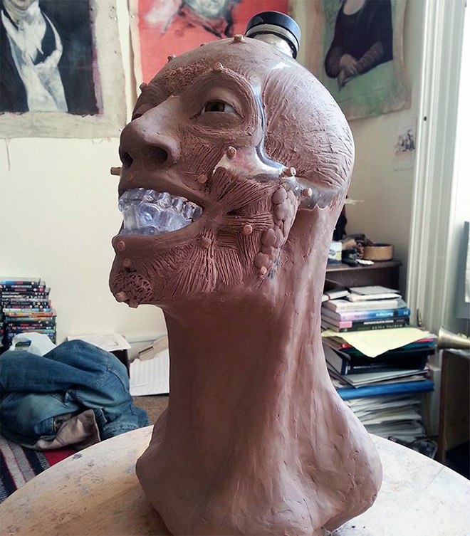 Facial reconstruction of a skull-shaped vodka bottle.