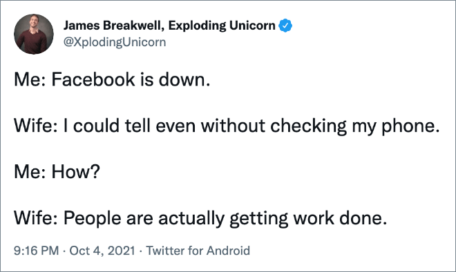 Funny reaction to Facebook, WhatsApp, and Instagram going down.