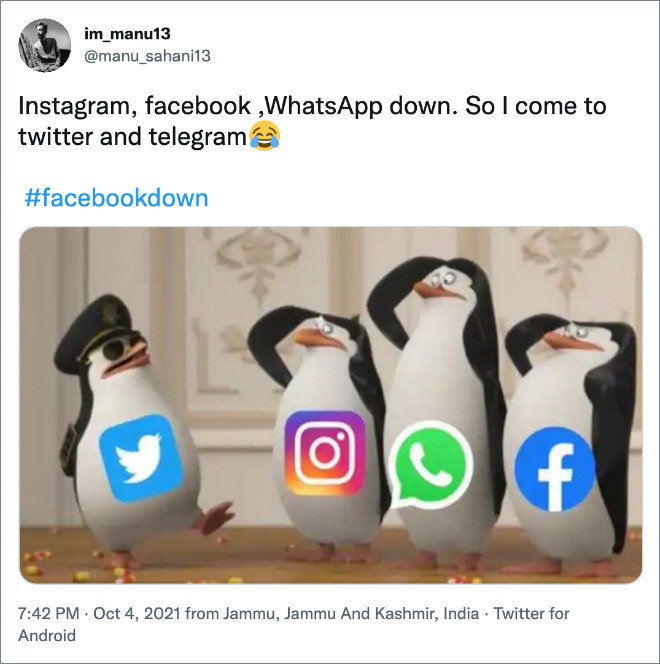 Funny reaction to Facebook, WhatsApp, and Instagram going down.