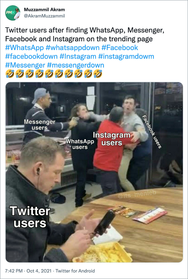 Funny reaction to Facebook, WhatsApp, and Instagram going down.