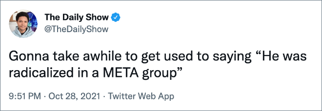 Twitter user reaction to Facebook changing the name to Meta.