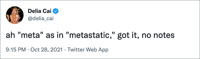 Twitter user reaction to Facebook changing the name to Meta.