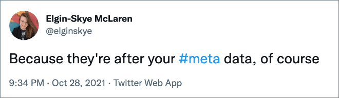 Twitter user reaction to Facebook changing the name to Meta.