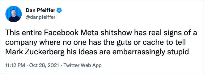 Twitter user reaction to Facebook changing the name to Meta.