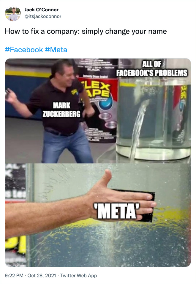 Twitter user reaction to Facebook changing the name to Meta.