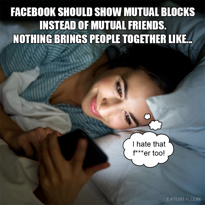 Facebook should show mutual blocks instead of mutual friends. Nothing brings people together like "I hate that f***er too!"
