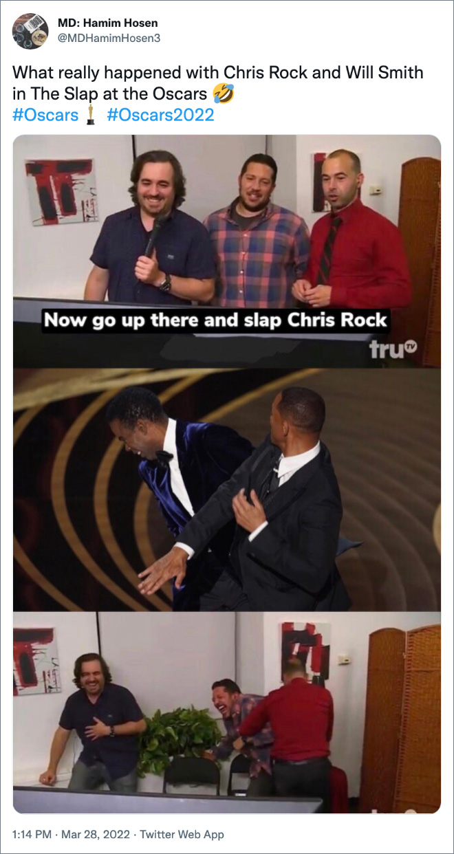 Twitter reacts to Will Smith slapping Chris Rock.