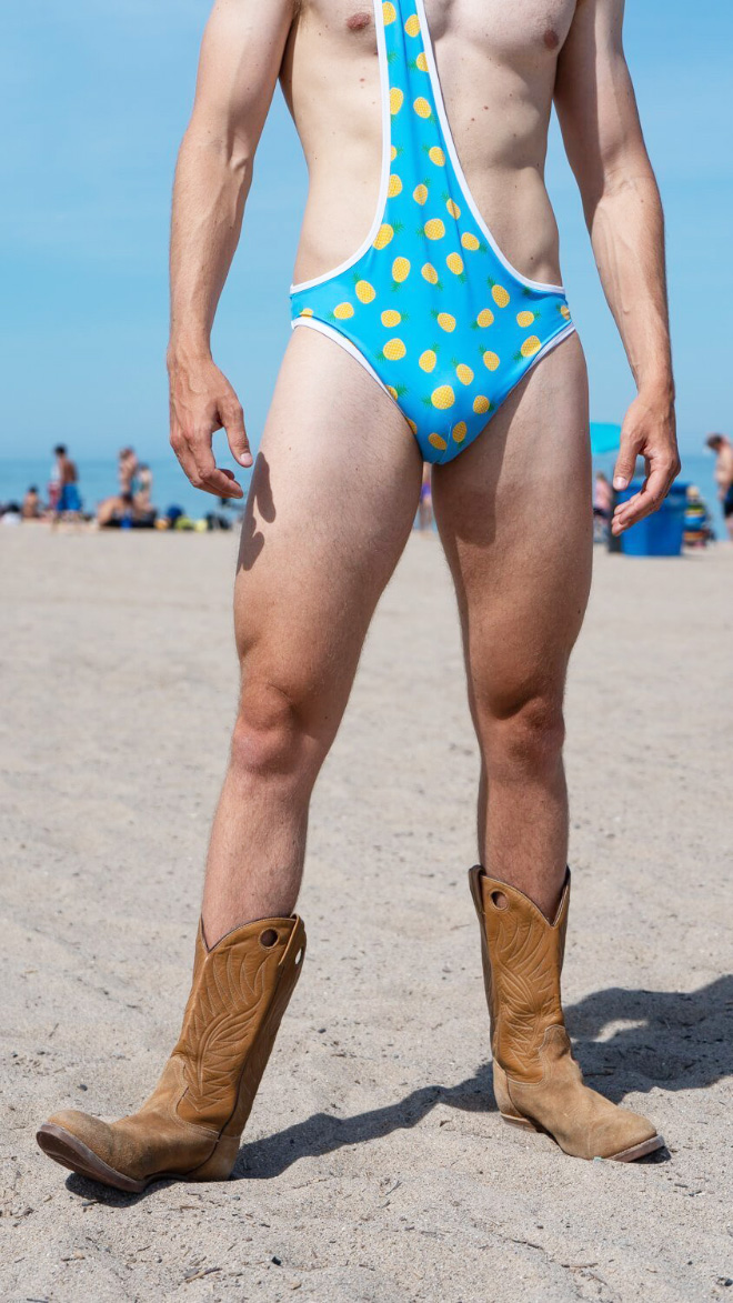 Brokini: bikini for men.