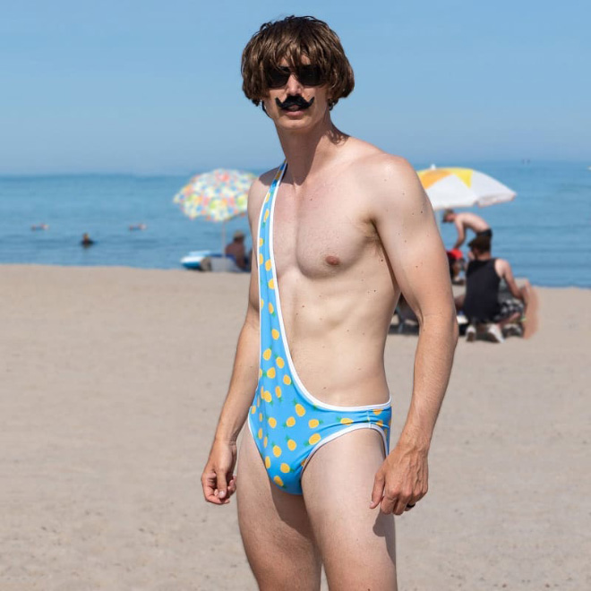 Brokini: bikini for men.