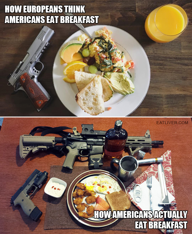 How Europeans think Americans eat breakfast vs. how Americans actually eat breakfast.