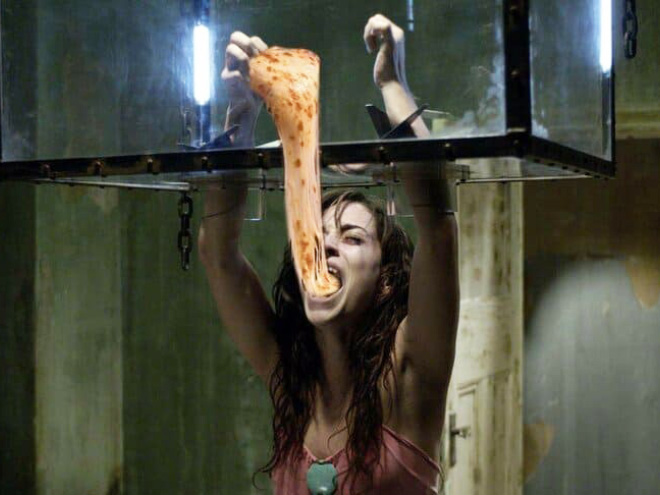 Horror movie scream with hot pizza added.