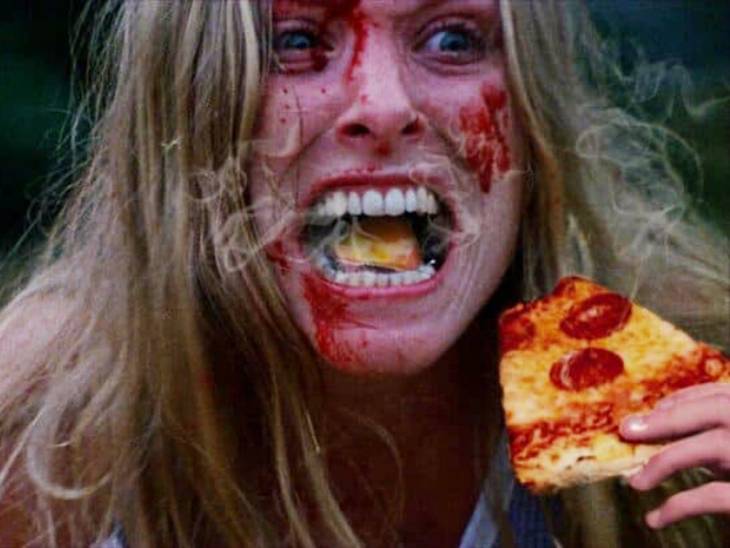 Horror movie scream with hot pizza added.