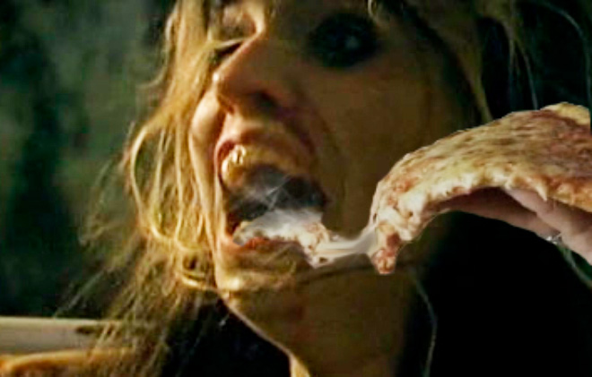 Horror movie scream with hot pizza added.