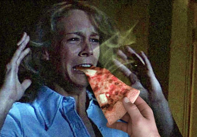 Horror movie scream with hot pizza added.