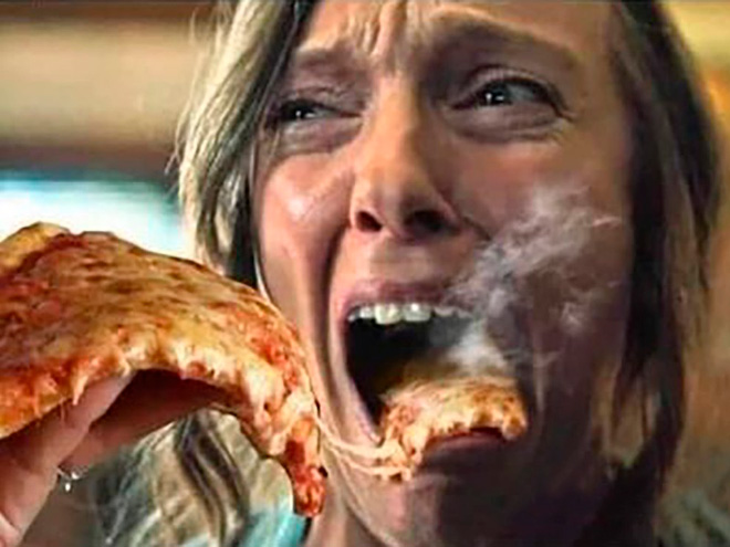 Horror movie scream with hot pizza added.