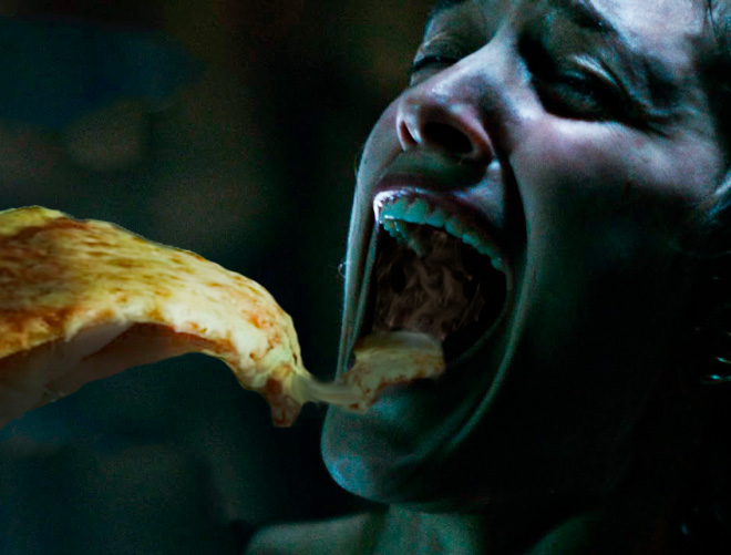 Horror movie scream with hot pizza added.