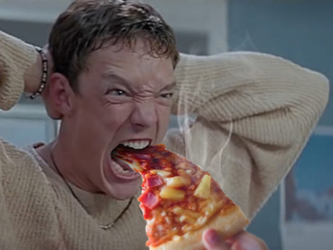 Horror movie scream with hot pizza added.