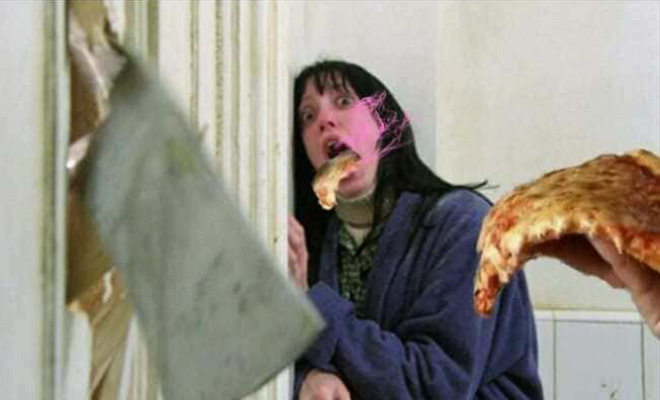 Horror movie scream with hot pizza added.