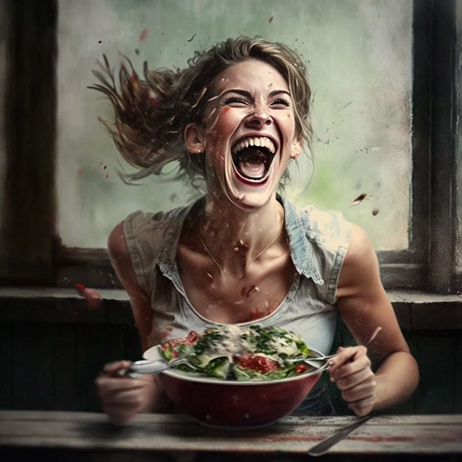 When AI generates image of a woman laughing alone with salad...