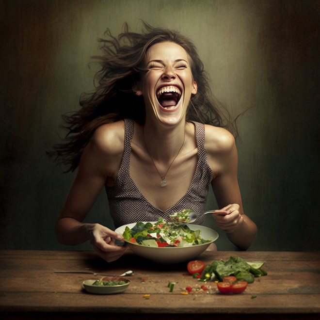 When AI generates image of a woman laughing alone with salad...