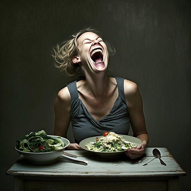 When AI generates image of a woman laughing alone with salad...