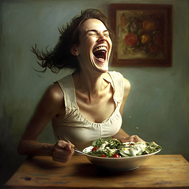 When AI generates image of a woman laughing alone with salad...