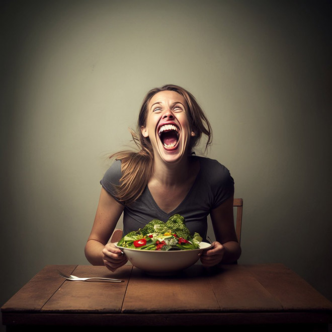 When AI generates image of a woman laughing alone with salad...