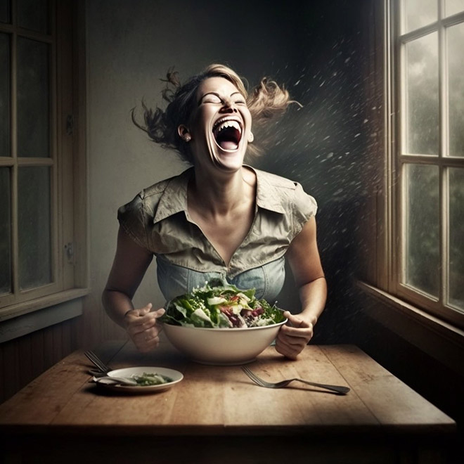 When AI generates image of a woman laughing alone with salad...