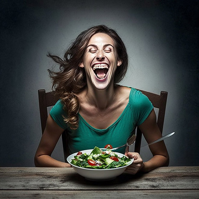 When AI generates image of a woman laughing alone with salad...