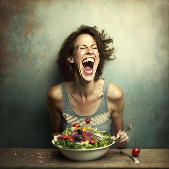 When AI generates image of a woman laughing alone with salad...