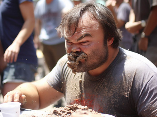 Celebrity participating in concrete eating contest. Picture generated by AI.