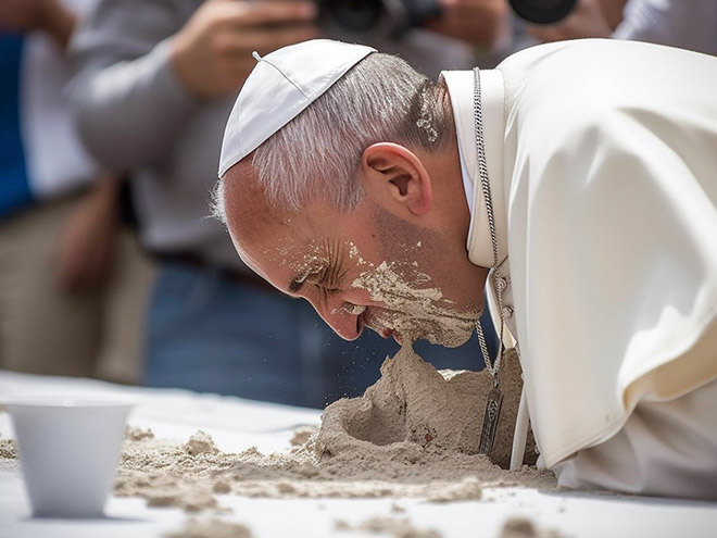 Celebrity participating in concrete eating contest. Picture generated by AI.