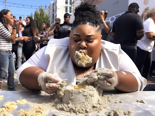 Celebrity participating in concrete eating contest. Picture generated by AI.