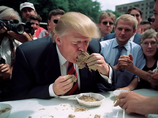 Celebrity participating in concrete eating contest. Picture generated by AI.