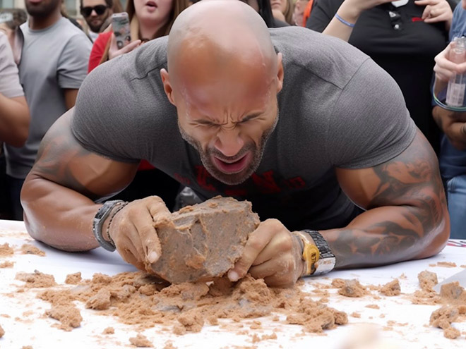 Celebrity participating in concrete eating contest. Picture generated by AI.