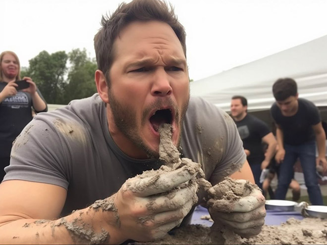 Celebrity participating in concrete eating contest. Picture generated by AI.