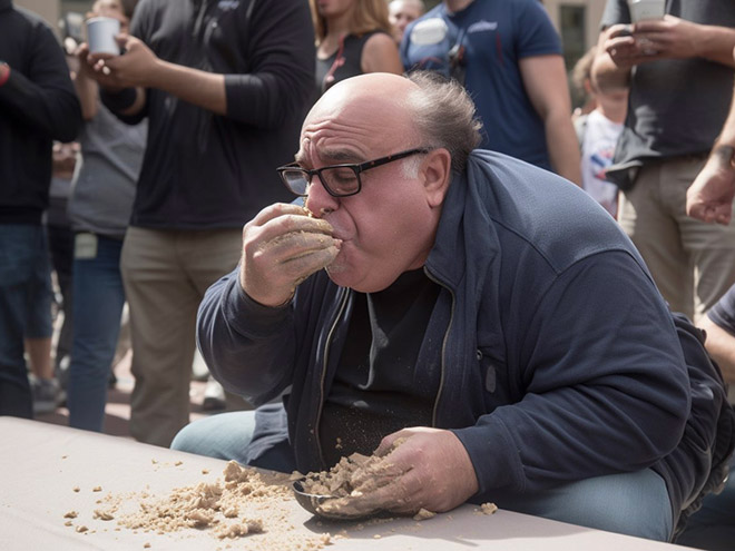 Celebrity participating in concrete eating contest. Picture generated by AI.