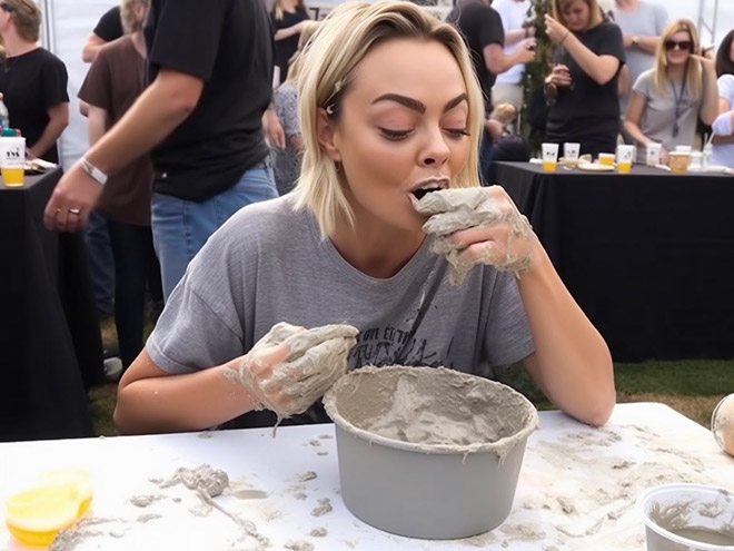 Celebrity participating in concrete eating contest. Picture generated by AI.