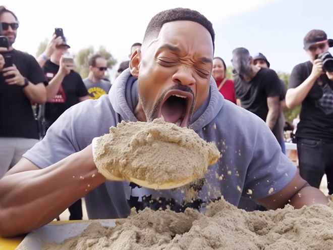 Celebrity participating in concrete eating contest. Picture generated by AI.
