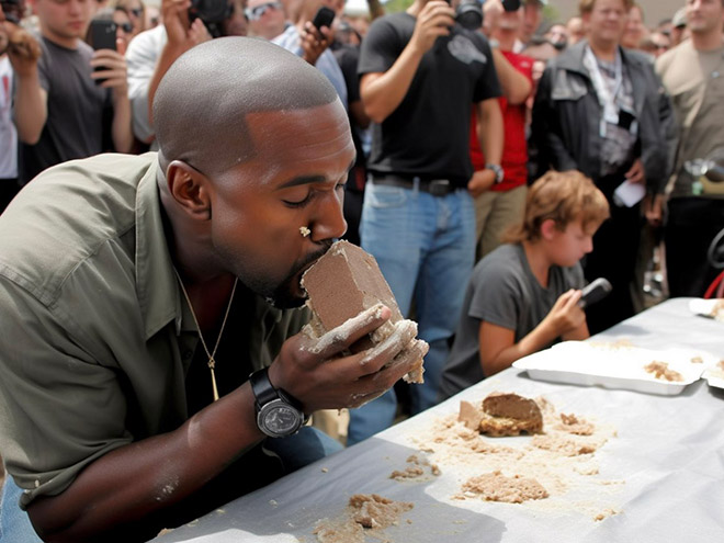 Celebrity participating in concrete eating contest. Picture generated by AI.