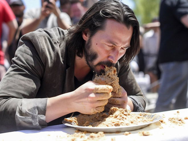 Celebrity participating in concrete eating contest. Picture generated by AI.