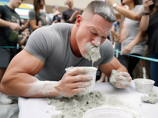 Celebrity participating in concrete eating contest. Picture generated by AI.