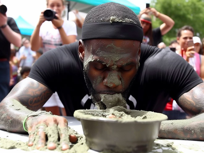 Celebrity participating in concrete eating contest. Picture generated by AI.