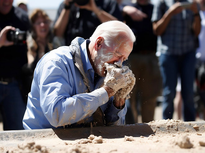 Celebrity participating in concrete eating contest. Picture generated by AI.