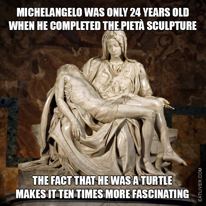 Michelangelo was only 24 years old when he completed the Pietà sculpture. The fact that he was a turtle makes it ten time more fascinating.